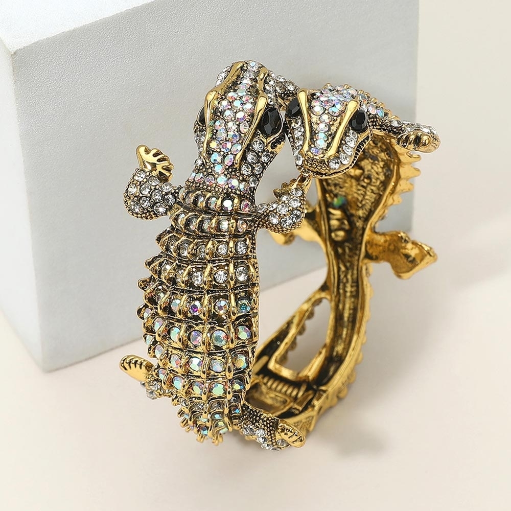 Abalone Rhinestone Alligator Crocodile Double Head Cuff Bracelet Statement Gold